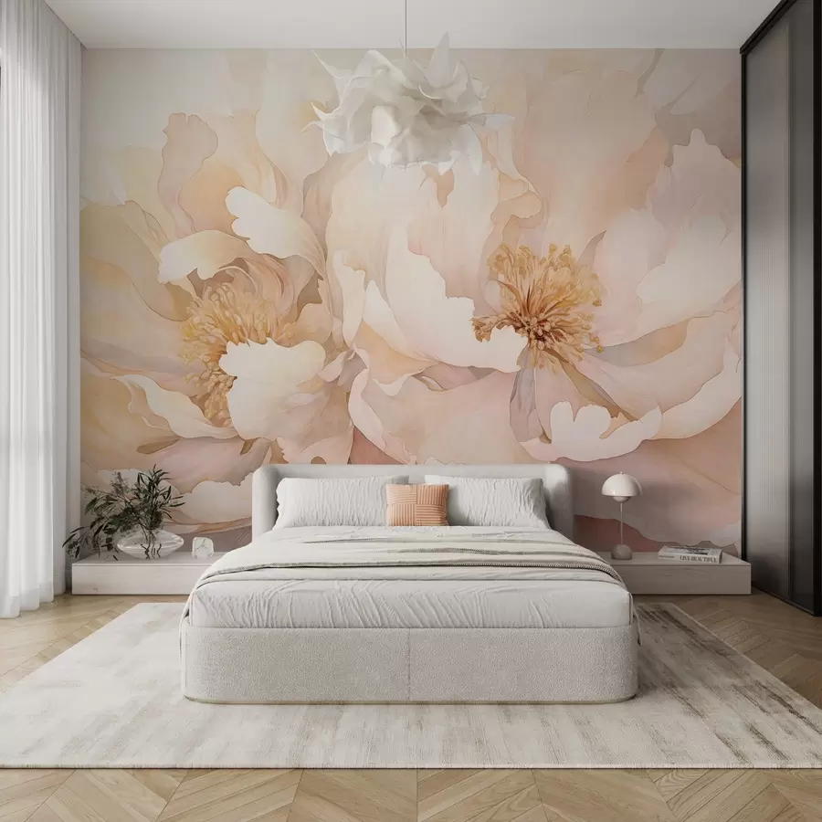 murales de pared Flores con textura de peonía y delicados pétalos en tonos melocotón crema y rosa claro con una suave textura de acuarela w09321