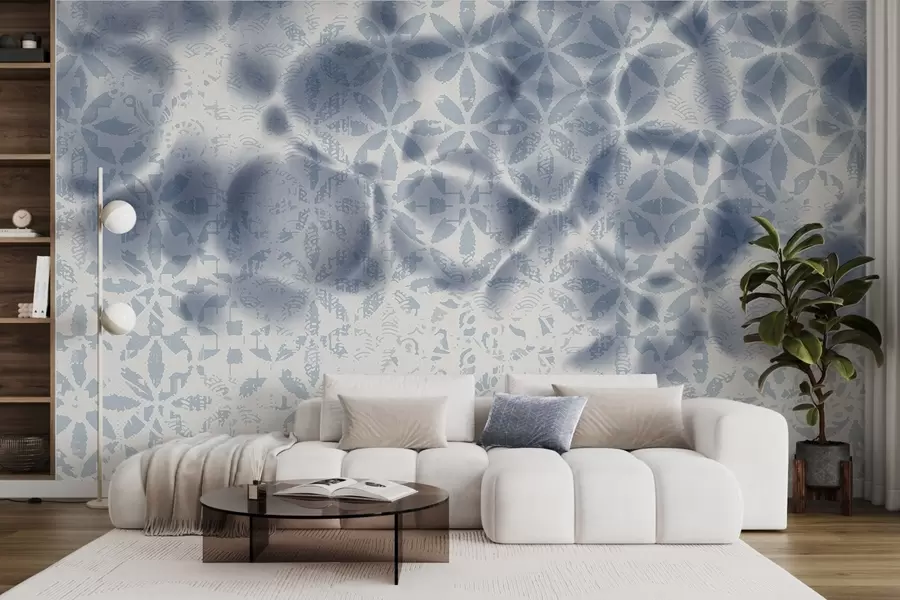 murales de pared Arte abstracto texturizado con estampado floral azul, efecto difuminado y borroso, que crea una atmósfera suave y soñadora w09322