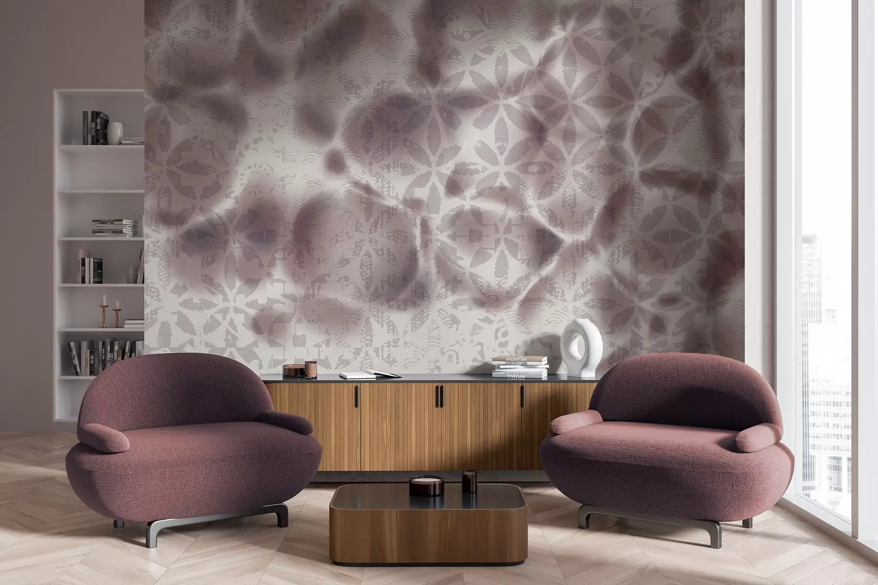 murales de pared Arte abstracto texturizado con estampado floral bordo, efecto difuminado y borroso, que crea una atmósfera suave y soñadora w09322v1