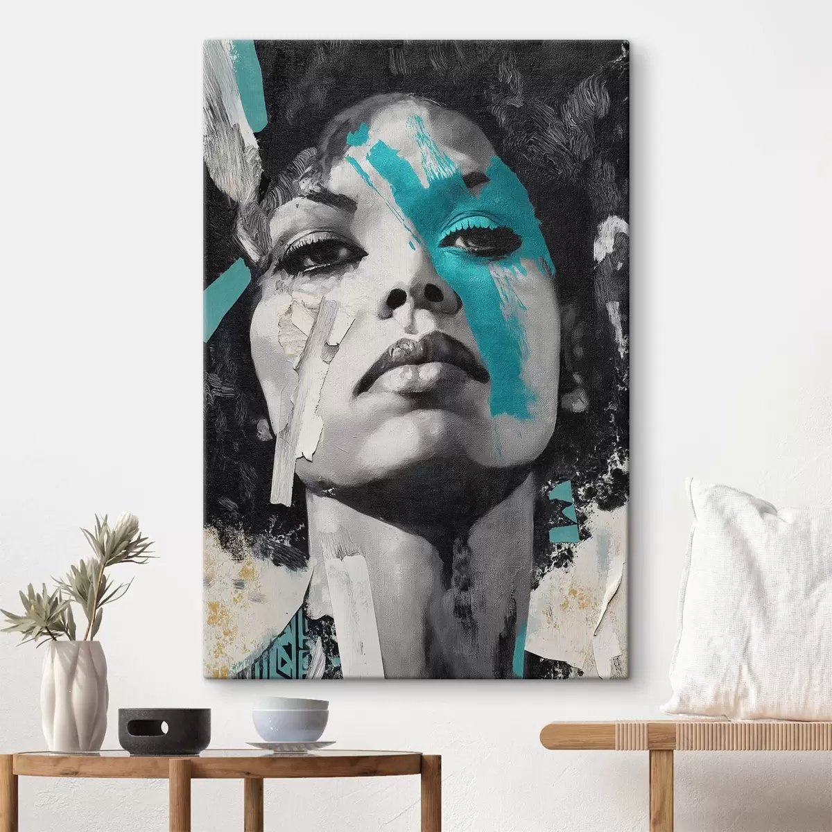 murales de pared Retrato en técnica mixta con fragmentos de pinceladas de color y texturas s45416