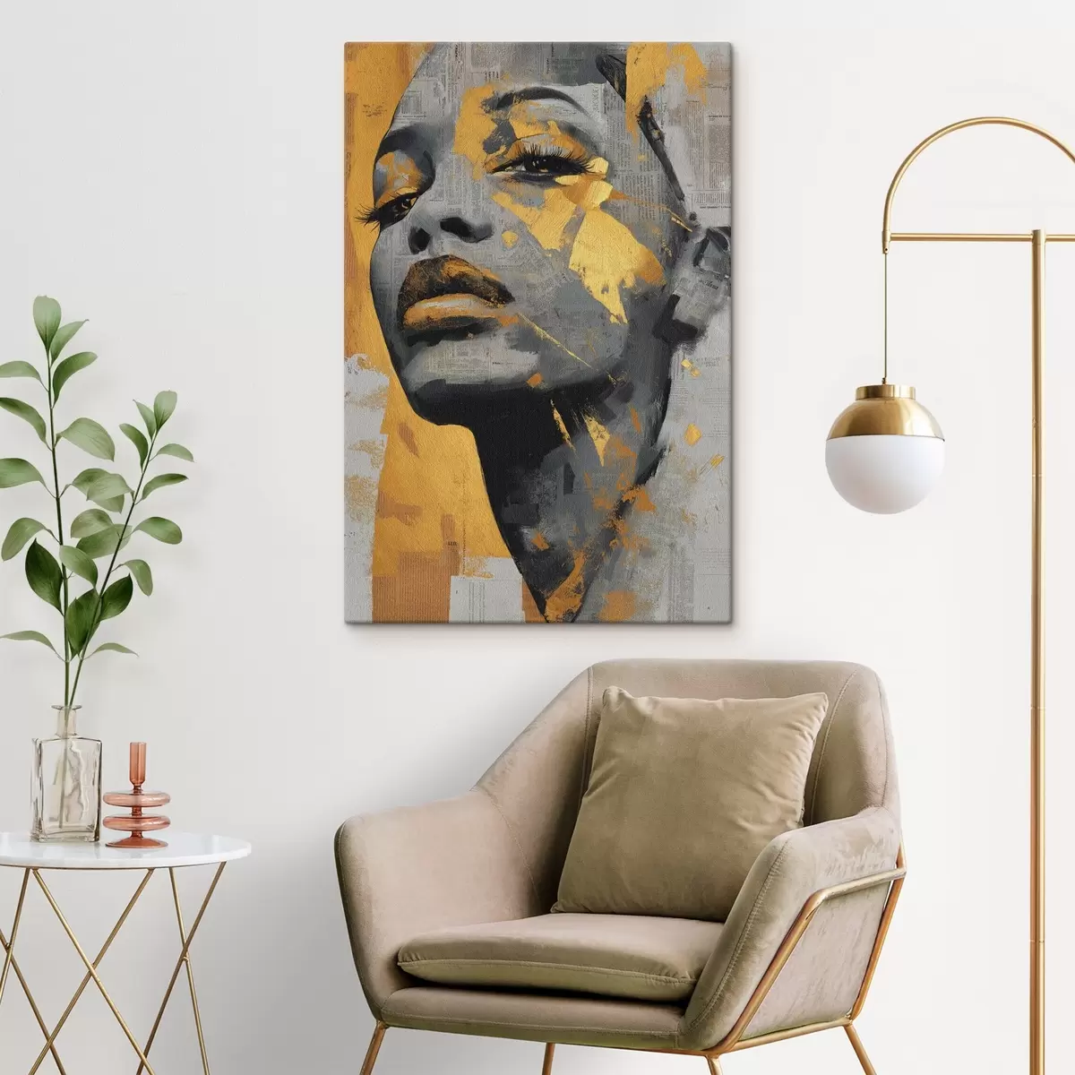 murales de pared Retrato en técnica mixta con fragmentos de periódico y pinceladas decorativas s45419