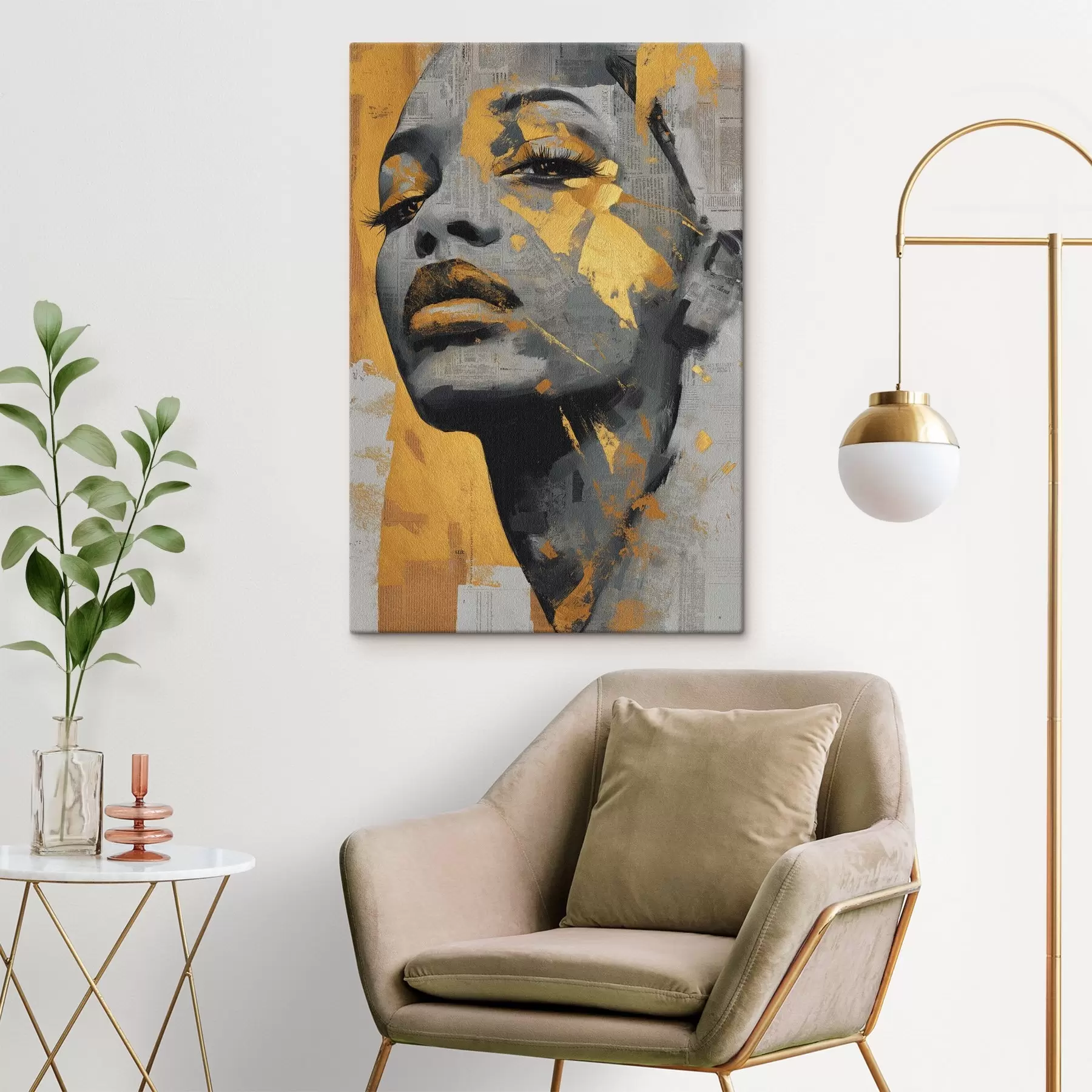 murales de pared Retrato en técnica mixta con fragmentos de periódico y pinceladas decorativas s45419