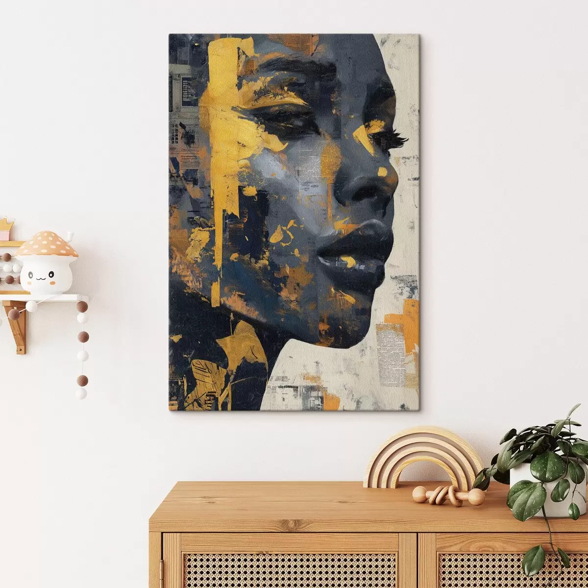 murales de pared Retrato en técnica mixta con fragmentos de periódico y pinceladas decorativas s45420