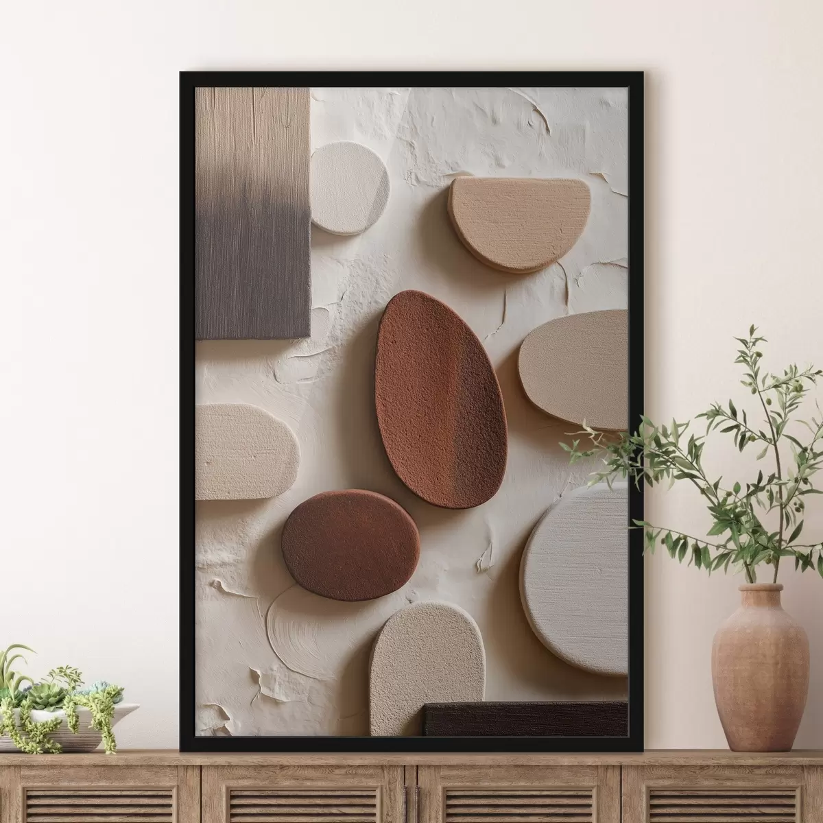 Poster Composición abstracta con formas geométricas tridimensionales sobre fondo en relieve f45409