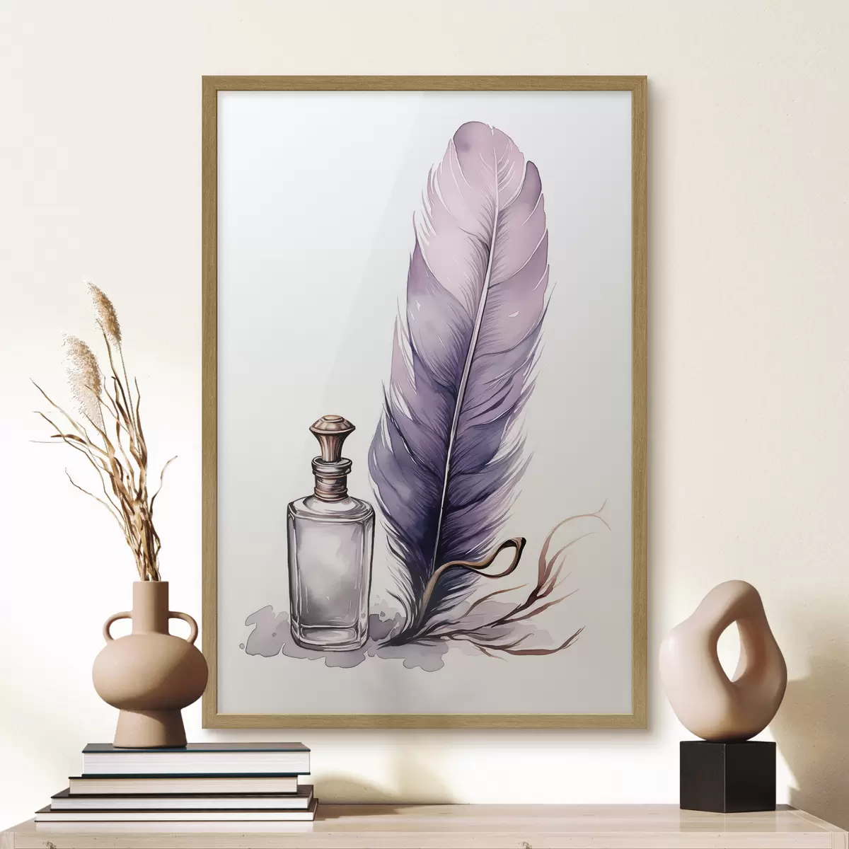 Poster Ilustración en acuarela de una pluma y una botella de tinta de cristal f45410