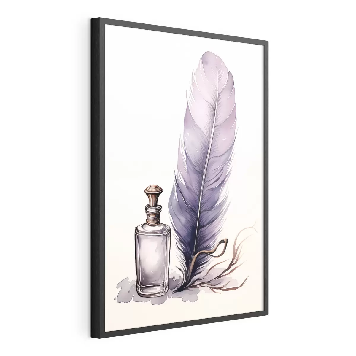Poster Ilustración en acuarela de una pluma y una botella de tinta de cristal f45410
