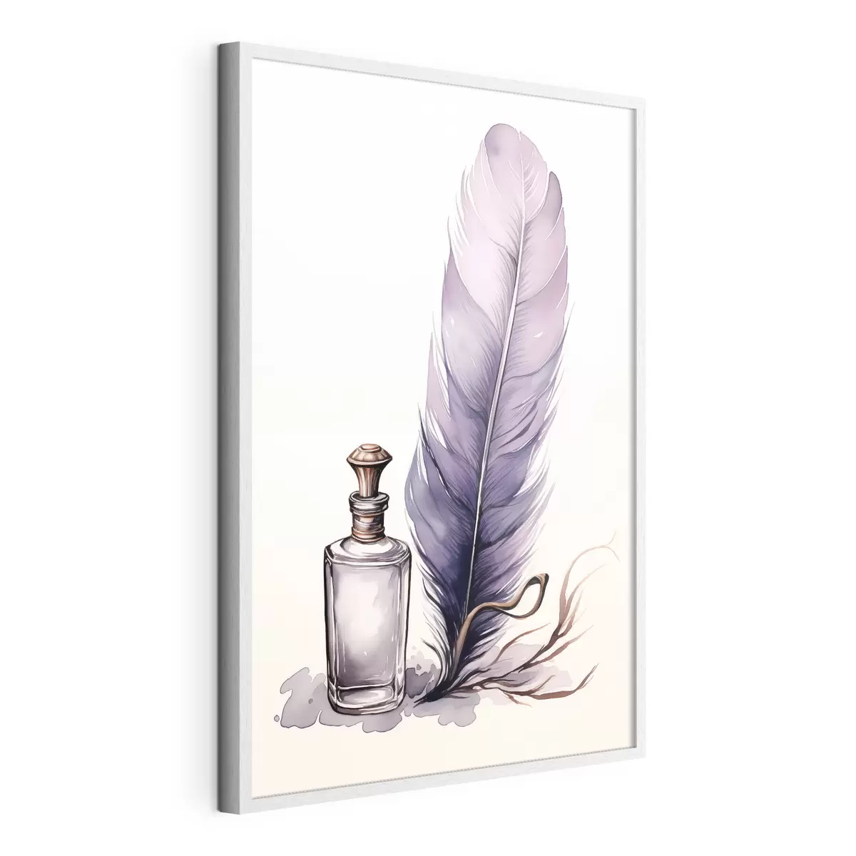 Poster Ilustración en acuarela de una pluma y una botella de tinta de cristal f45410