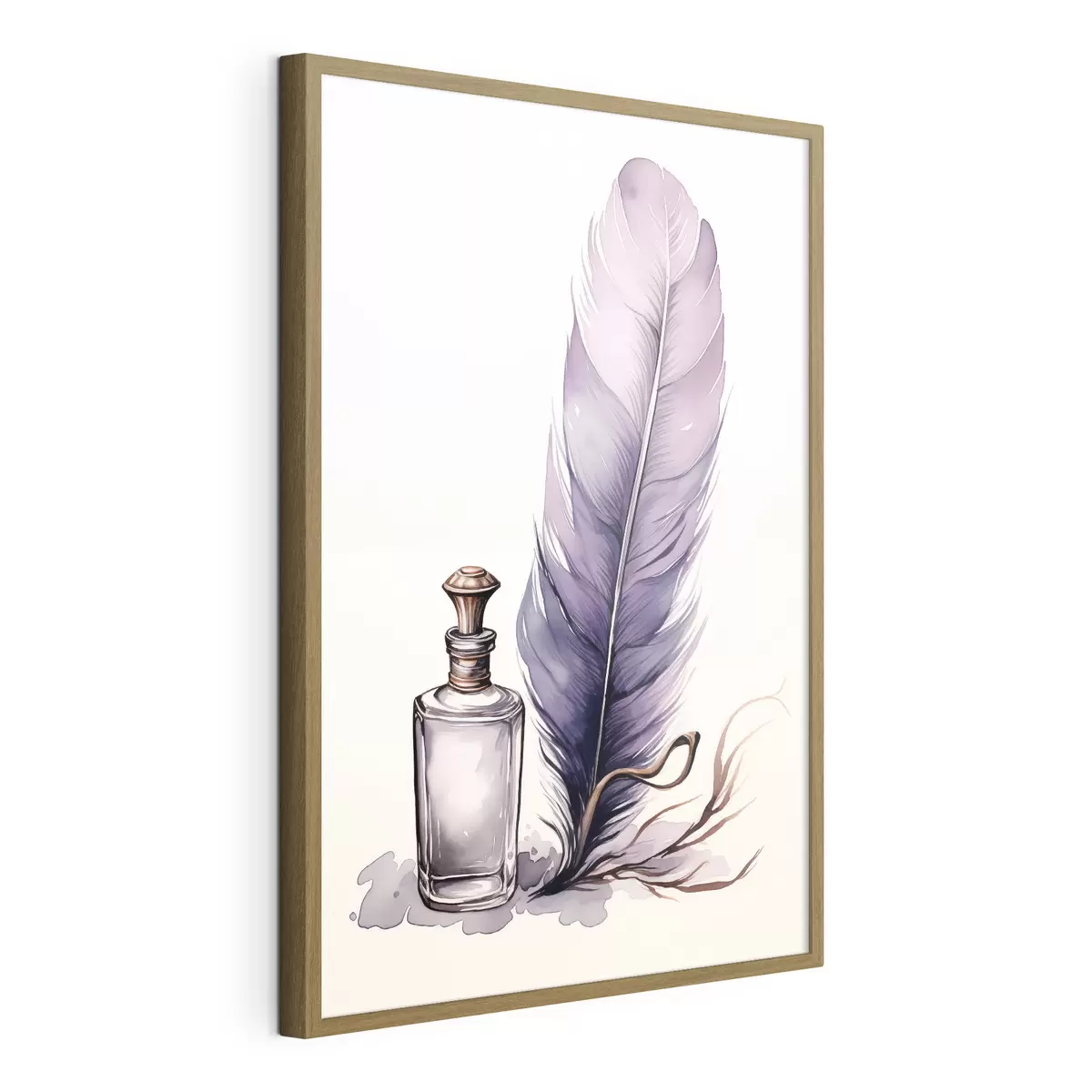 Poster Ilustración en acuarela de una pluma y una botella de tinta de cristal f45410