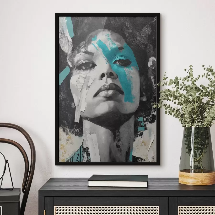 murales de pared Retrato en técnica mixta con fragmentos de pinceladas de color y texturas f45416