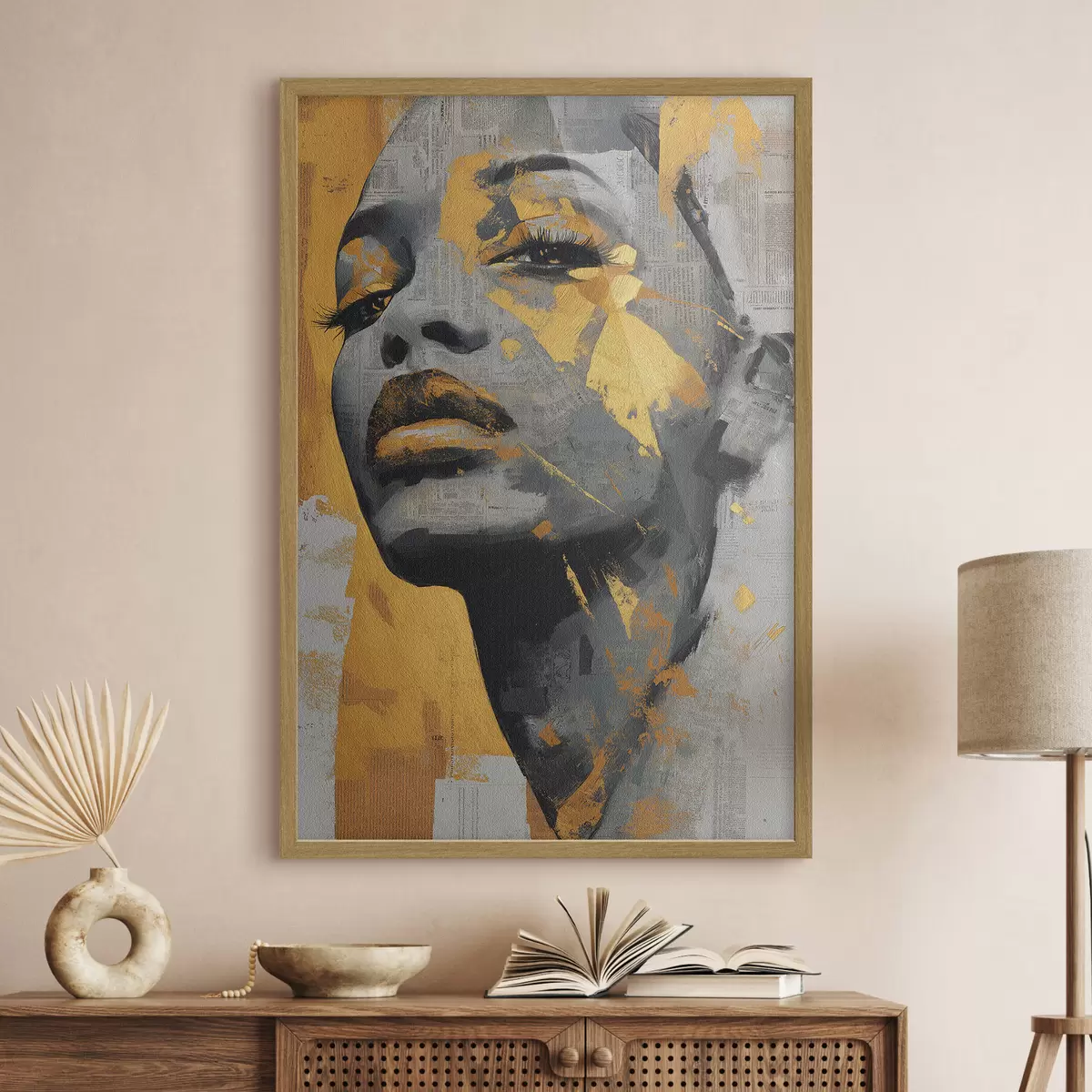 Poster Retrato en técnica mixta con fragmentos de periódico y pinceladas decorativas f45419