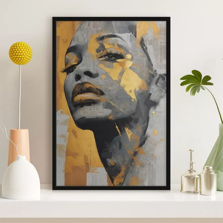 murales de pared Retrato en técnica mixta con fragmentos de periódico y pinceladas decorativas f45419