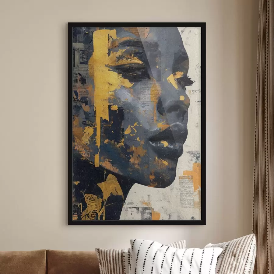 murales de pared Retrato en técnica mixta con fragmentos de periódico y pinceladas decorativas f45420