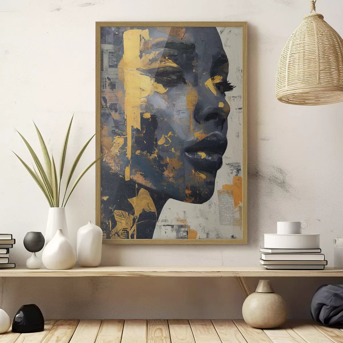 Poster Retrato en técnica mixta con fragmentos de periódico y pinceladas decorativas f45420