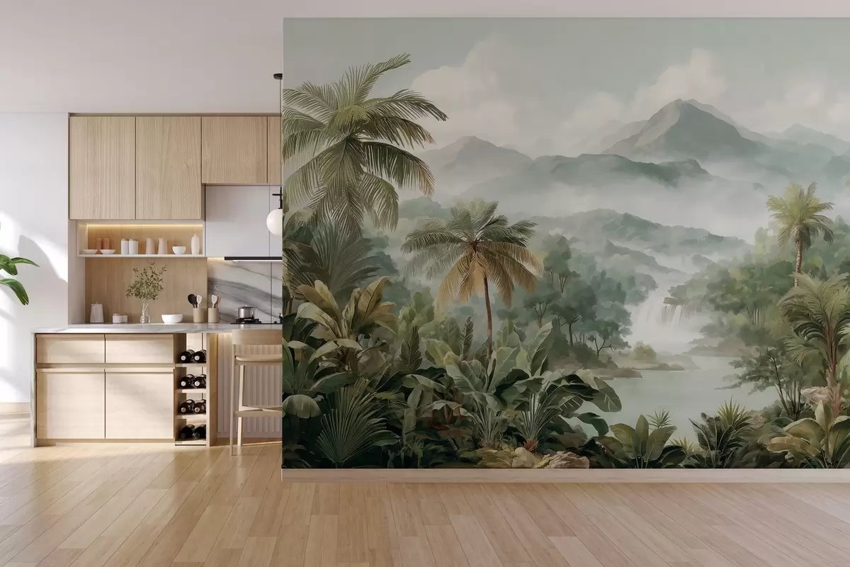 murales de pared selva tropical con cascada w04306