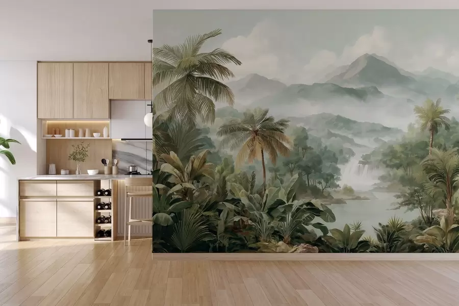 murales de pared selva tropical con cascada w04306
