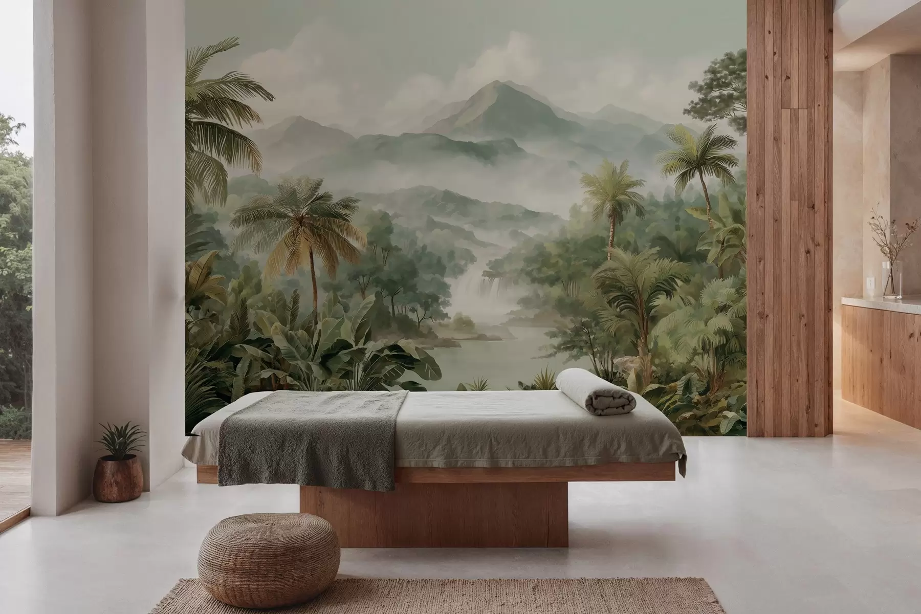 murales de pared selva tropical con cascada w04306