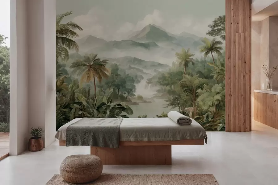 murales de pared selva tropical con cascada w04306