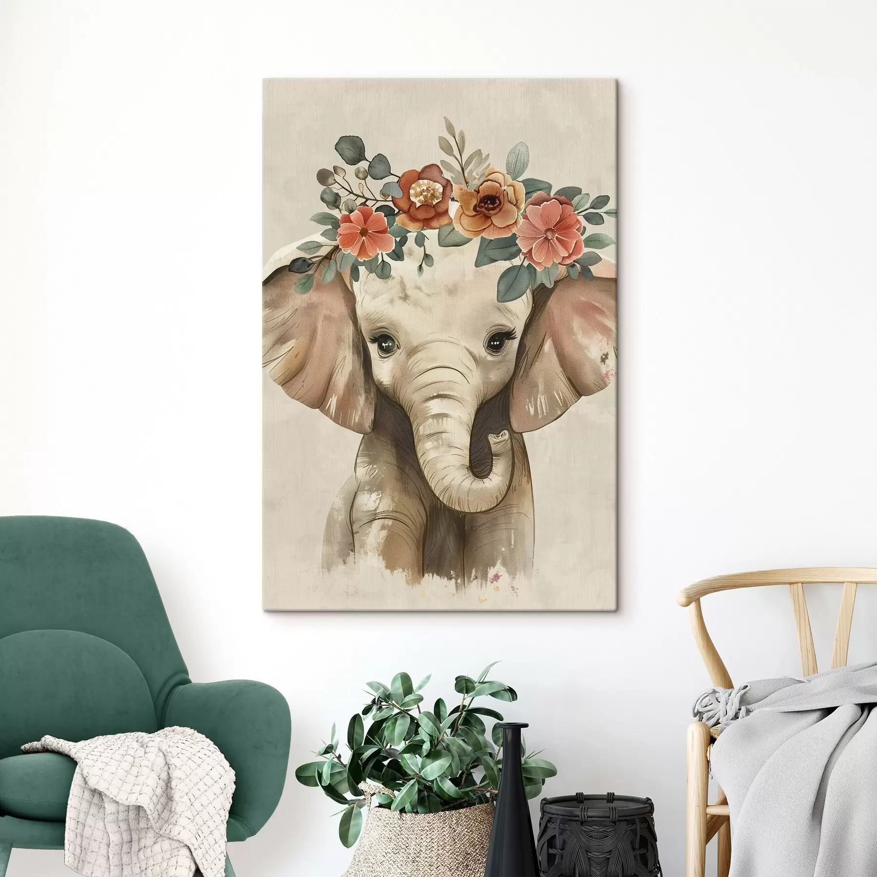 murales de pared Lindo elefante de acuarela con flores s45330