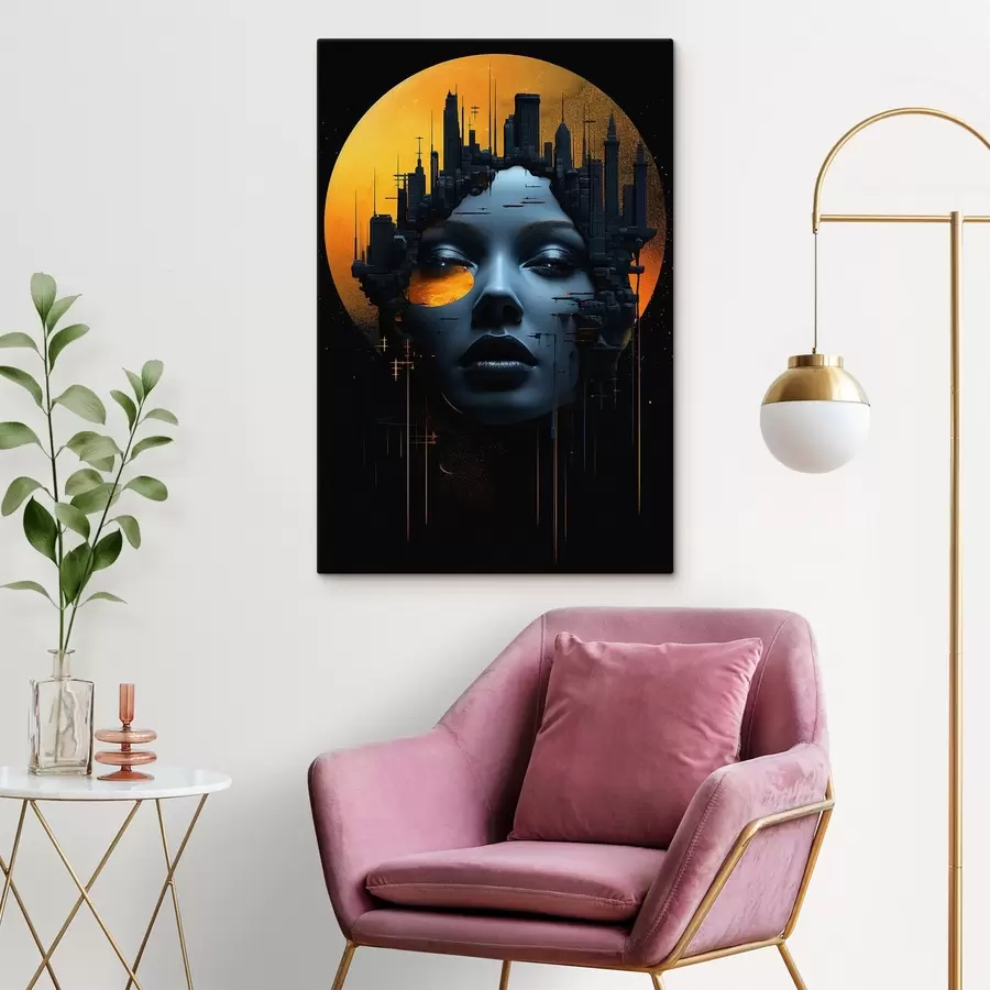 murales de pared Gente, cara de chica sobre fondo de ciudad, abstracto s45341