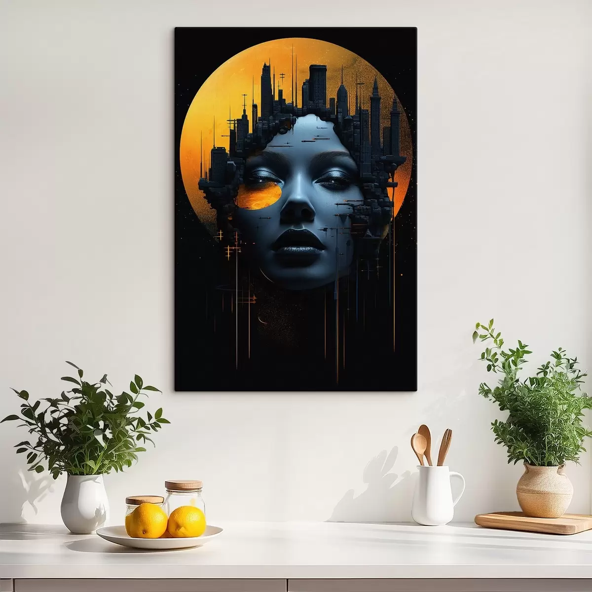 murales de pared Gente, cara de chica sobre fondo de ciudad, abstracto s45341