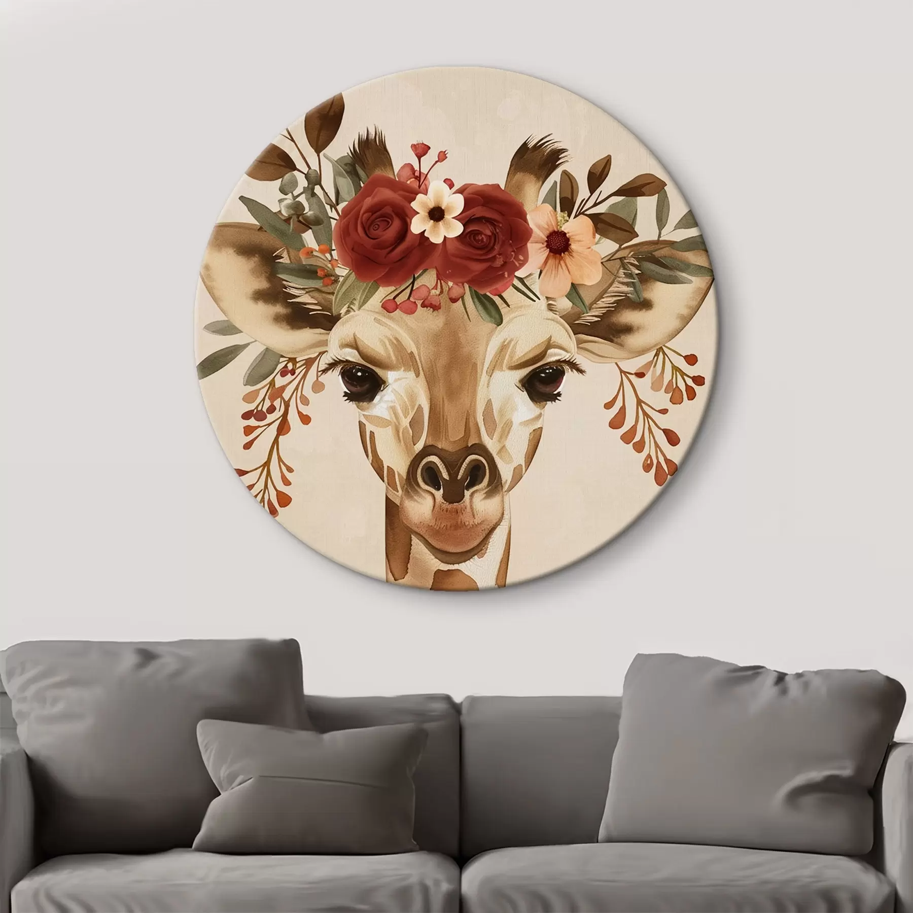 murales de pared Jirafa en estilo acuarela con flores en la cabeza r45331