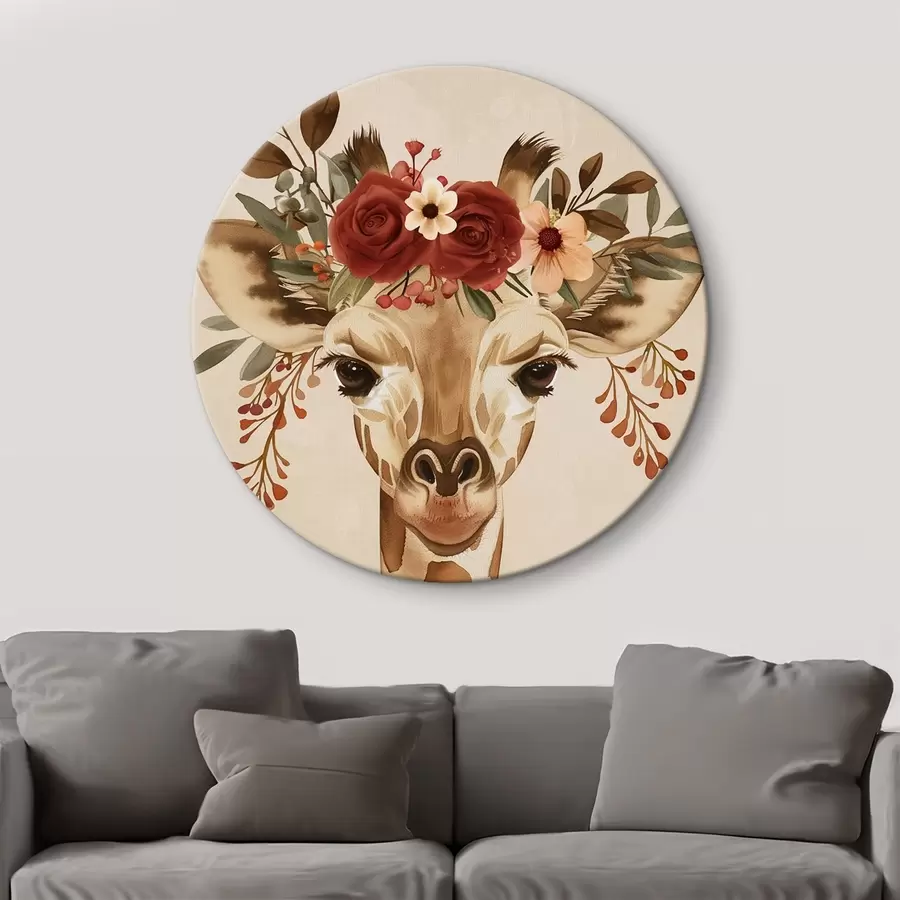 murales de pared Jirafa en estilo acuarela con flores en la cabeza r45331