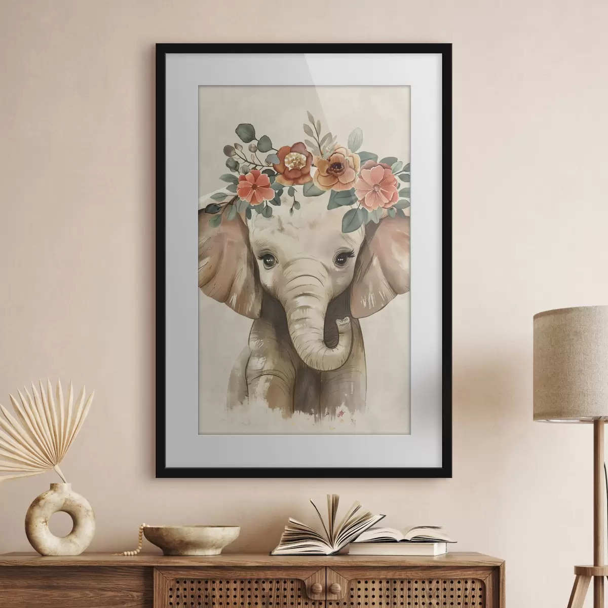 Poster Lindo elefante de acuarela con flores f45330