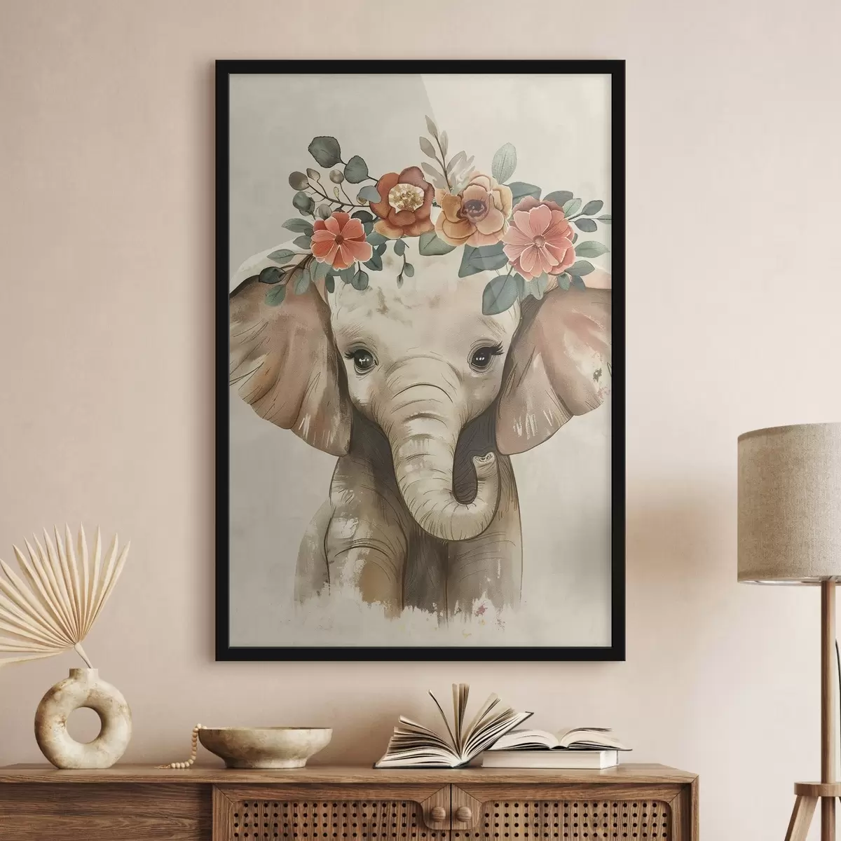 Poster Lindo elefante de acuarela con flores f45330