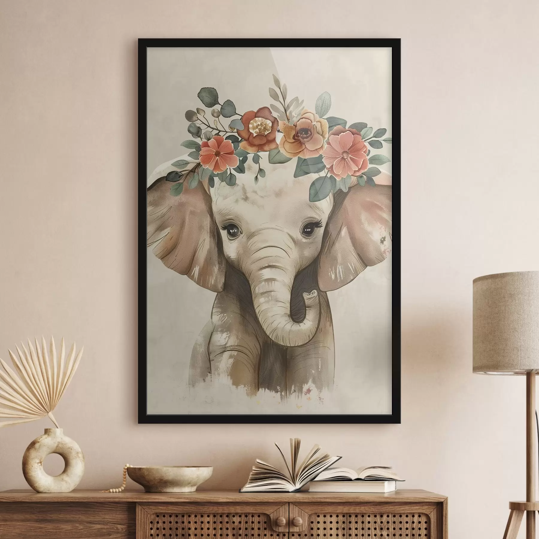 murales de pared Lindo elefante de acuarela con flores f45330