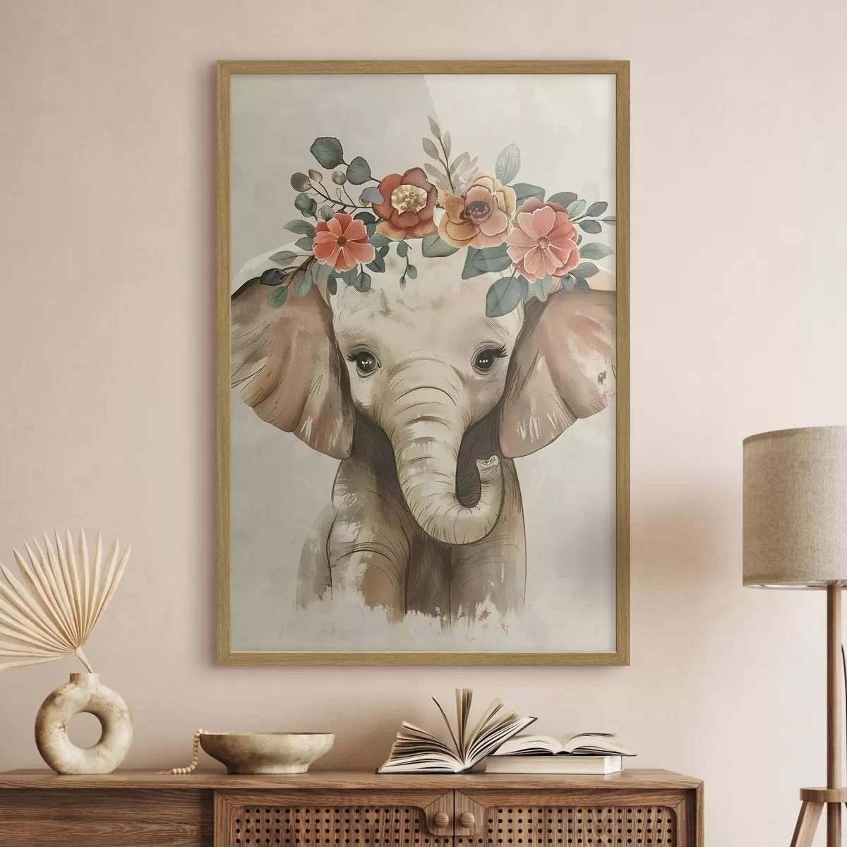 Poster Lindo elefante de acuarela con flores f45330