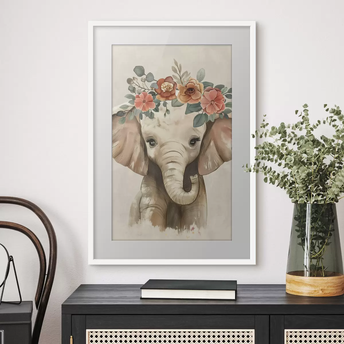 Poster Lindo elefante de acuarela con flores f45330