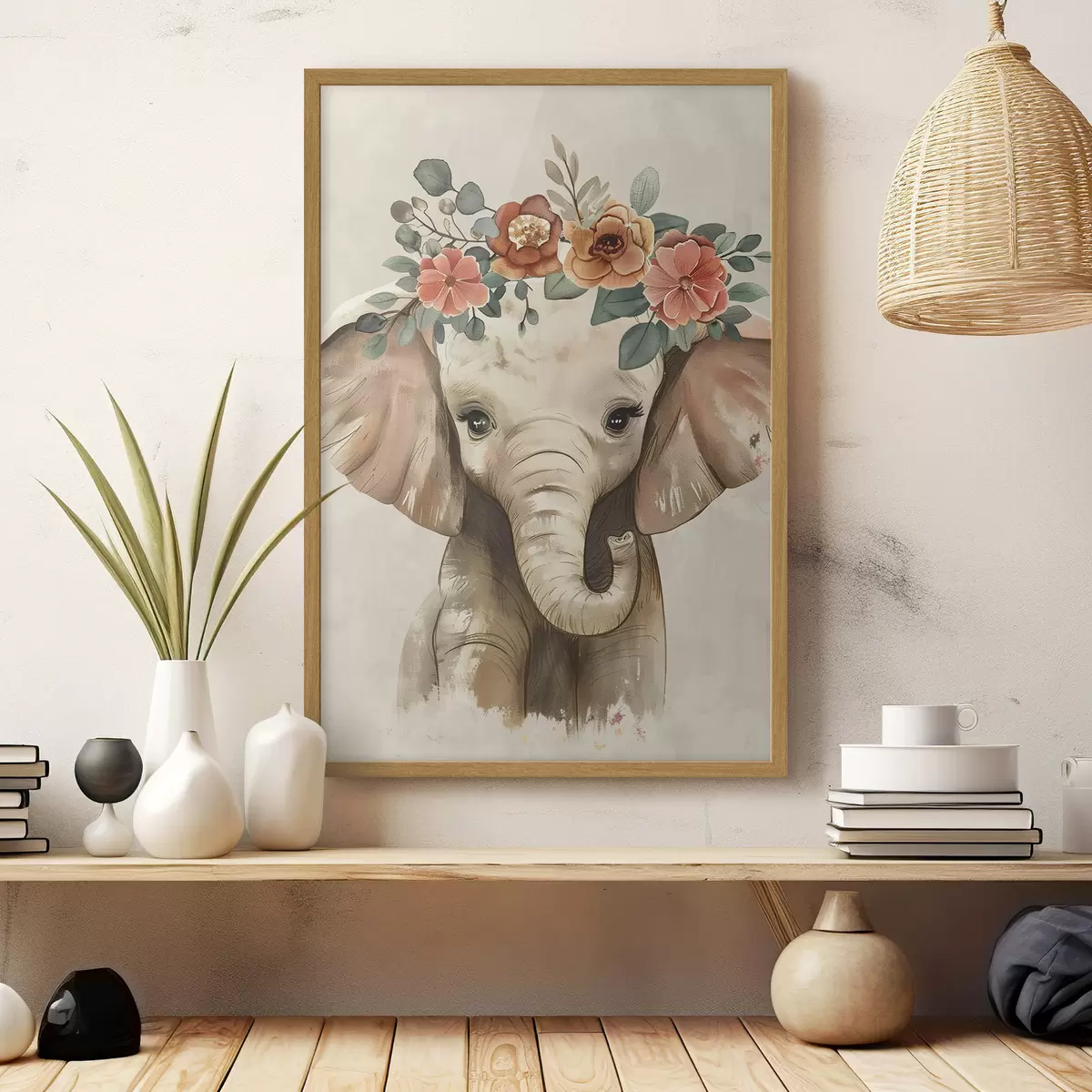 Poster Lindo elefante de acuarela con flores f45330