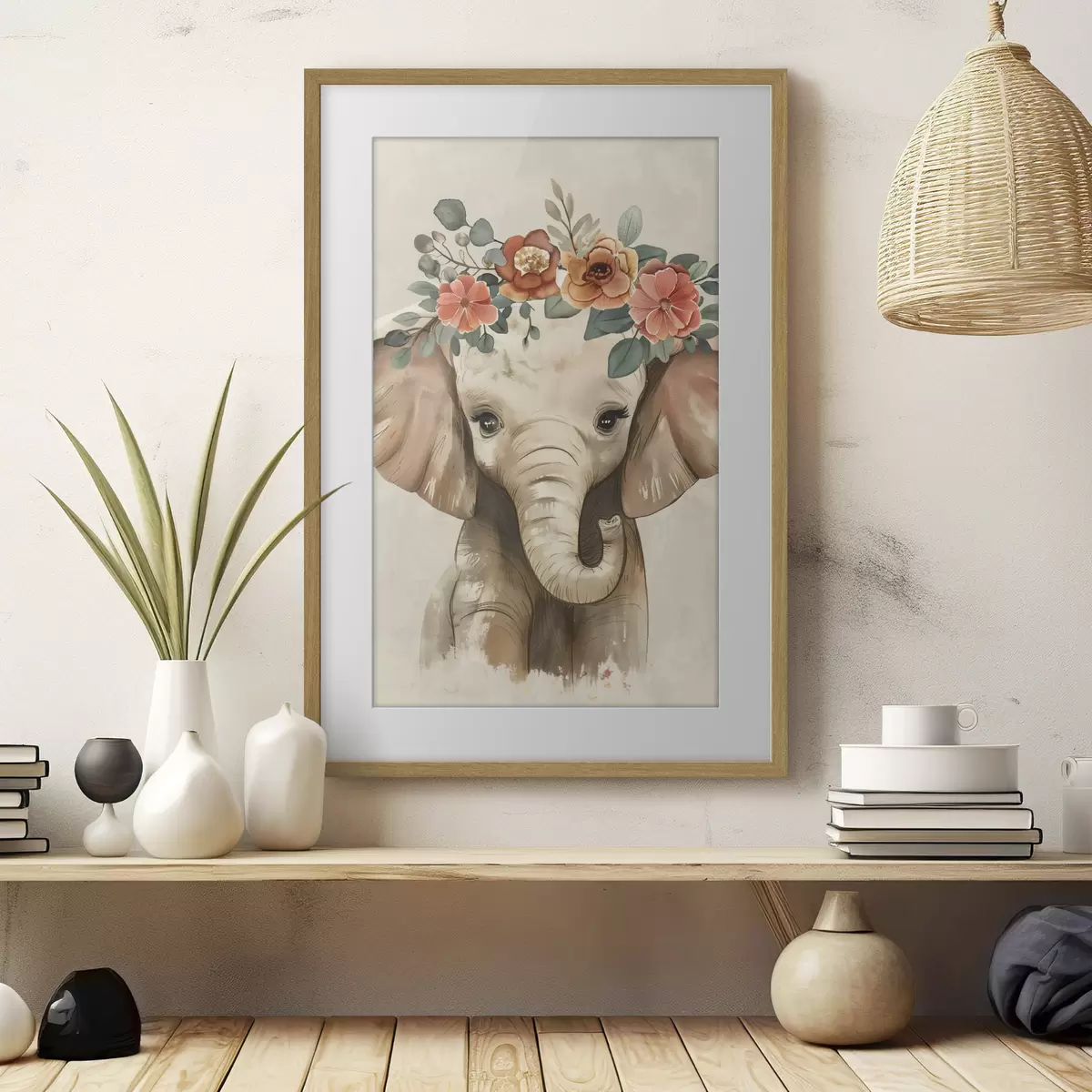 Poster Lindo elefante de acuarela con flores f45330