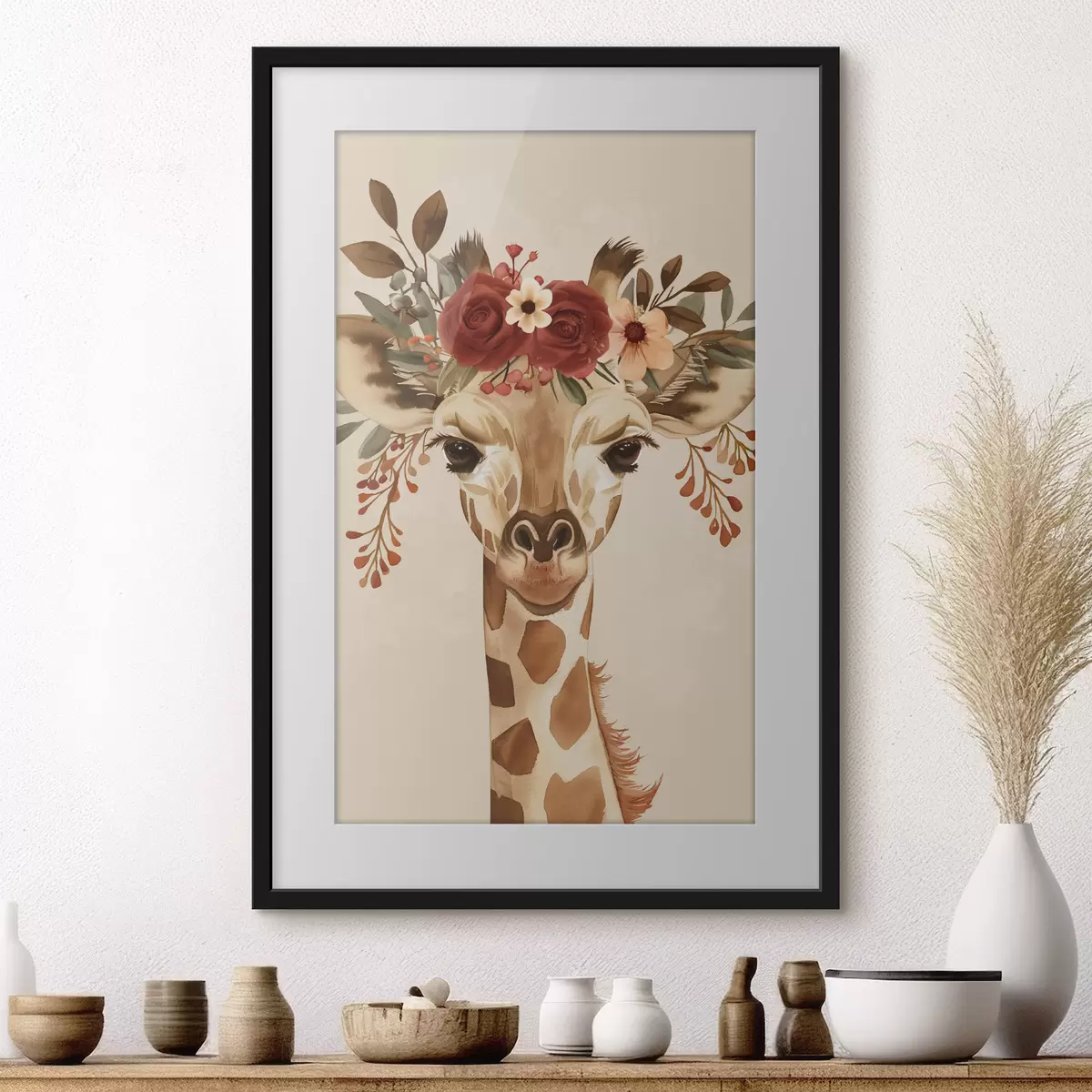 Poster Jirafa en estilo acuarela con flores en la cabeza f45331