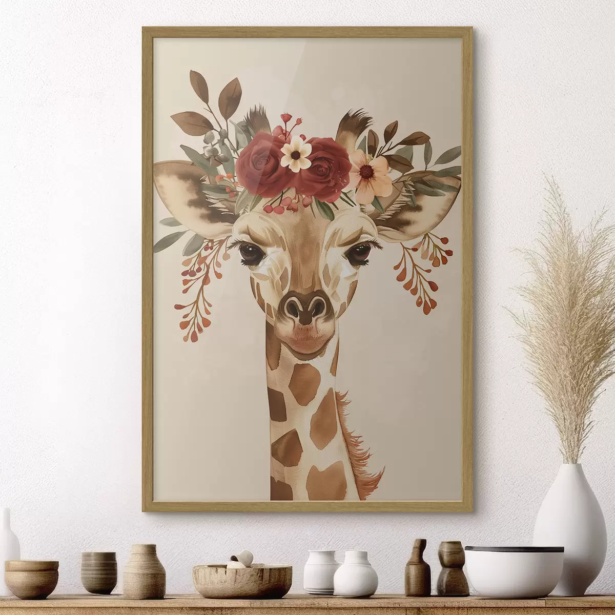 Poster Jirafa en estilo acuarela con flores en la cabeza f45331
