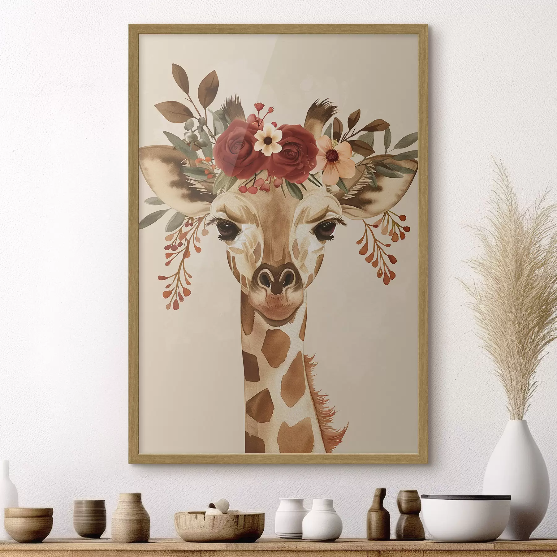 murales de pared Jirafa en estilo acuarela con flores en la cabeza f45331
