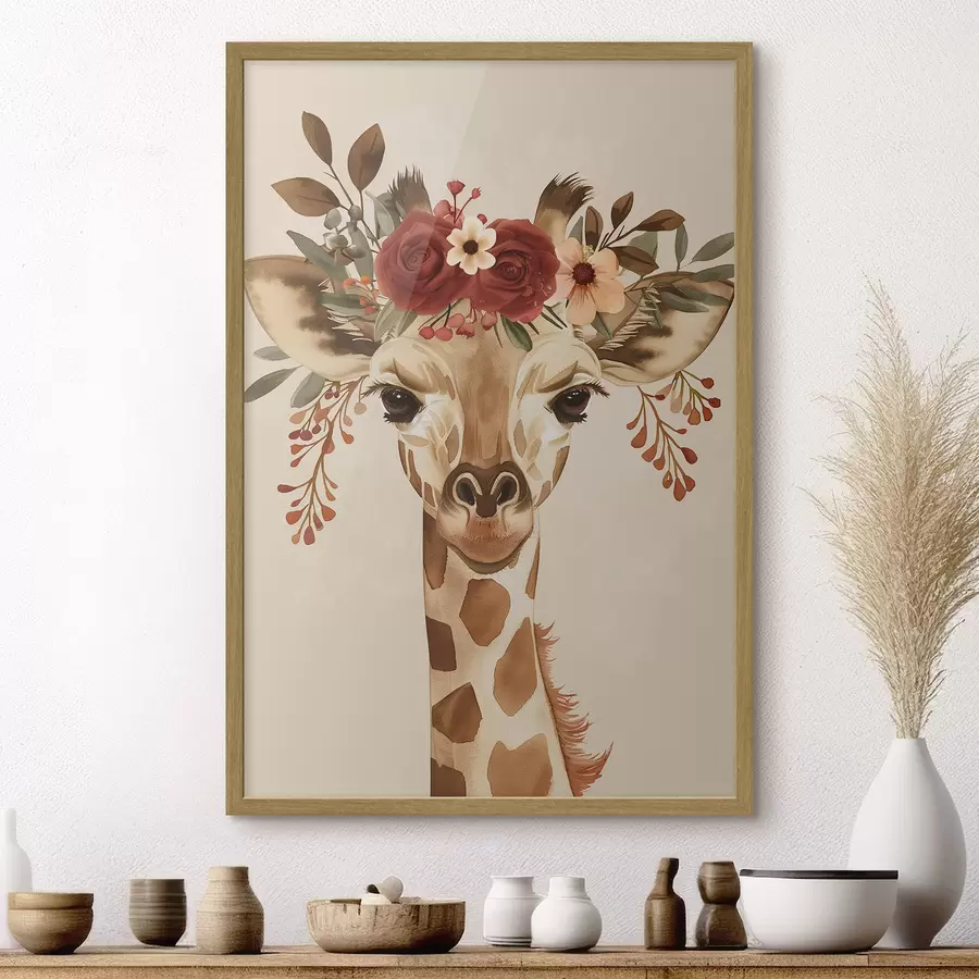 murales de pared Jirafa en estilo acuarela con flores en la cabeza f45331