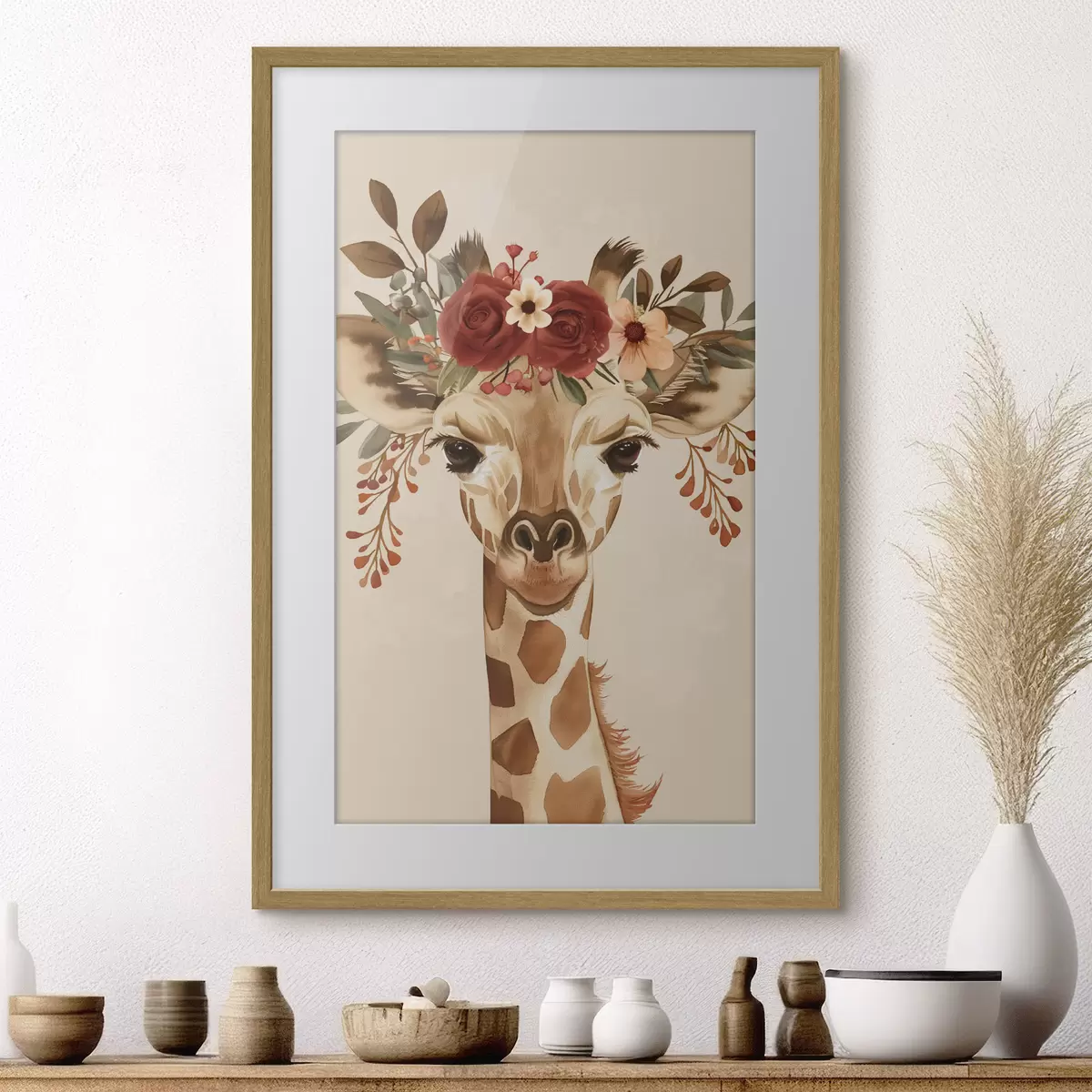 Poster Jirafa en estilo acuarela con flores en la cabeza f45331