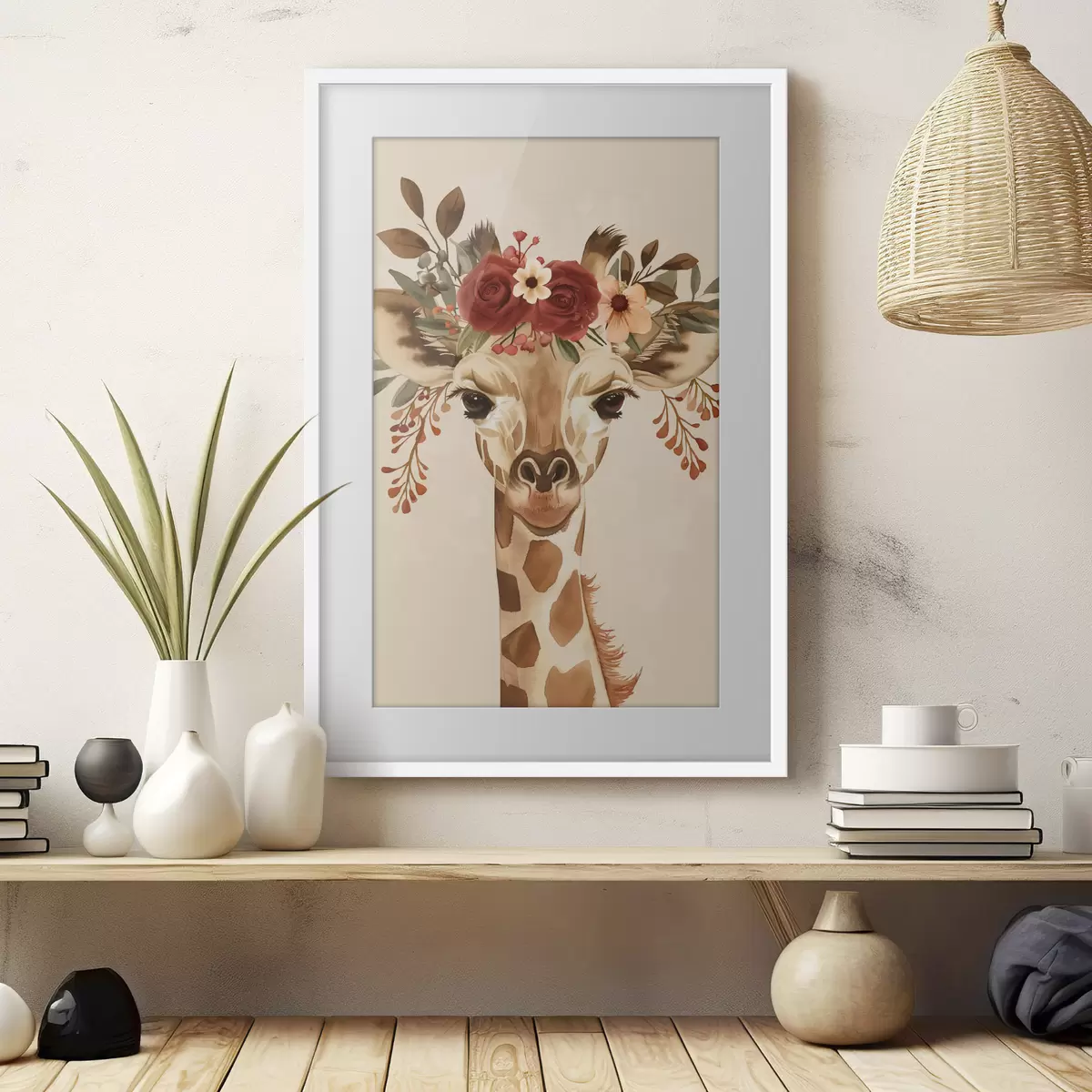 Poster Jirafa en estilo acuarela con flores en la cabeza f45331