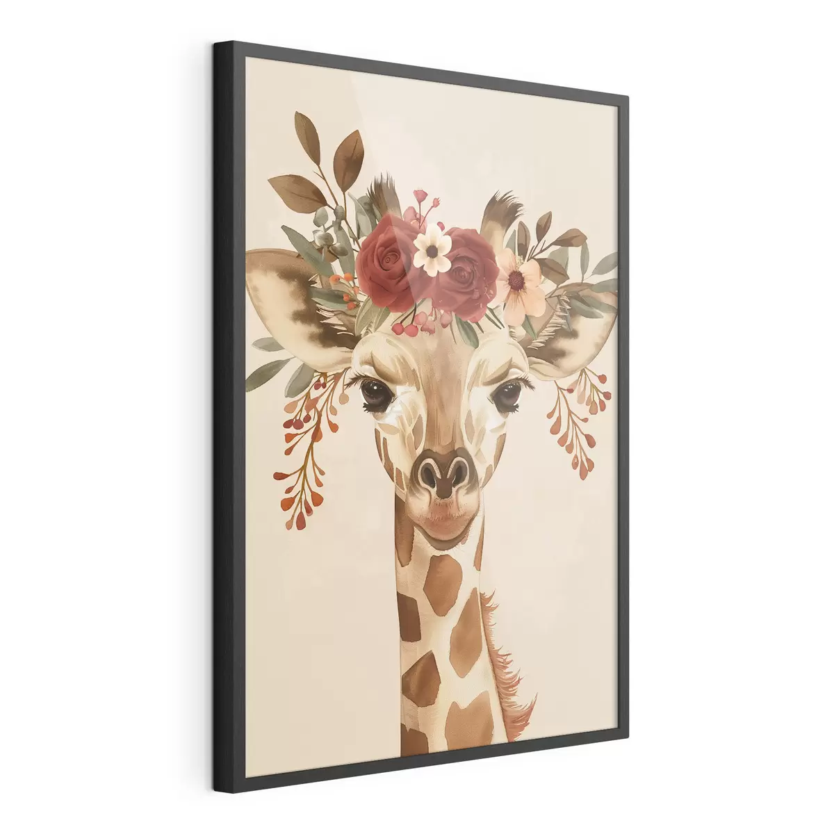 Poster Jirafa en estilo acuarela con flores en la cabeza f45331