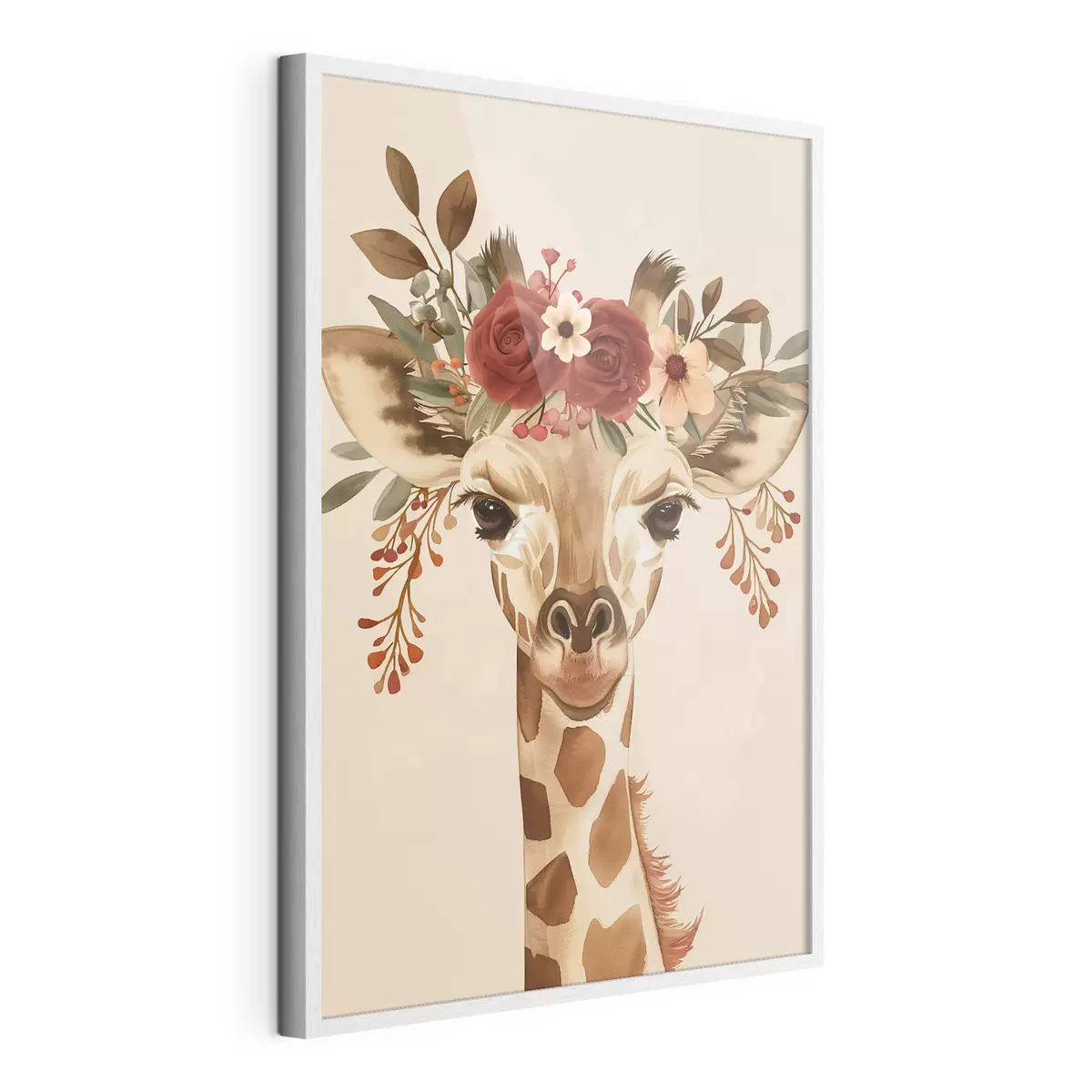 Poster Jirafa en estilo acuarela con flores en la cabeza f45331