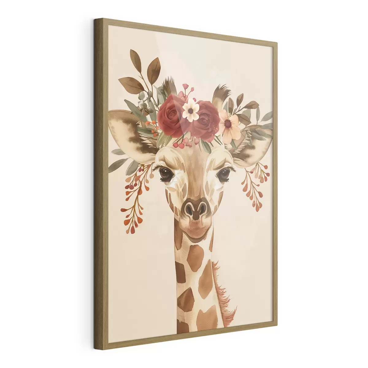 Poster Jirafa en estilo acuarela con flores en la cabeza f45331