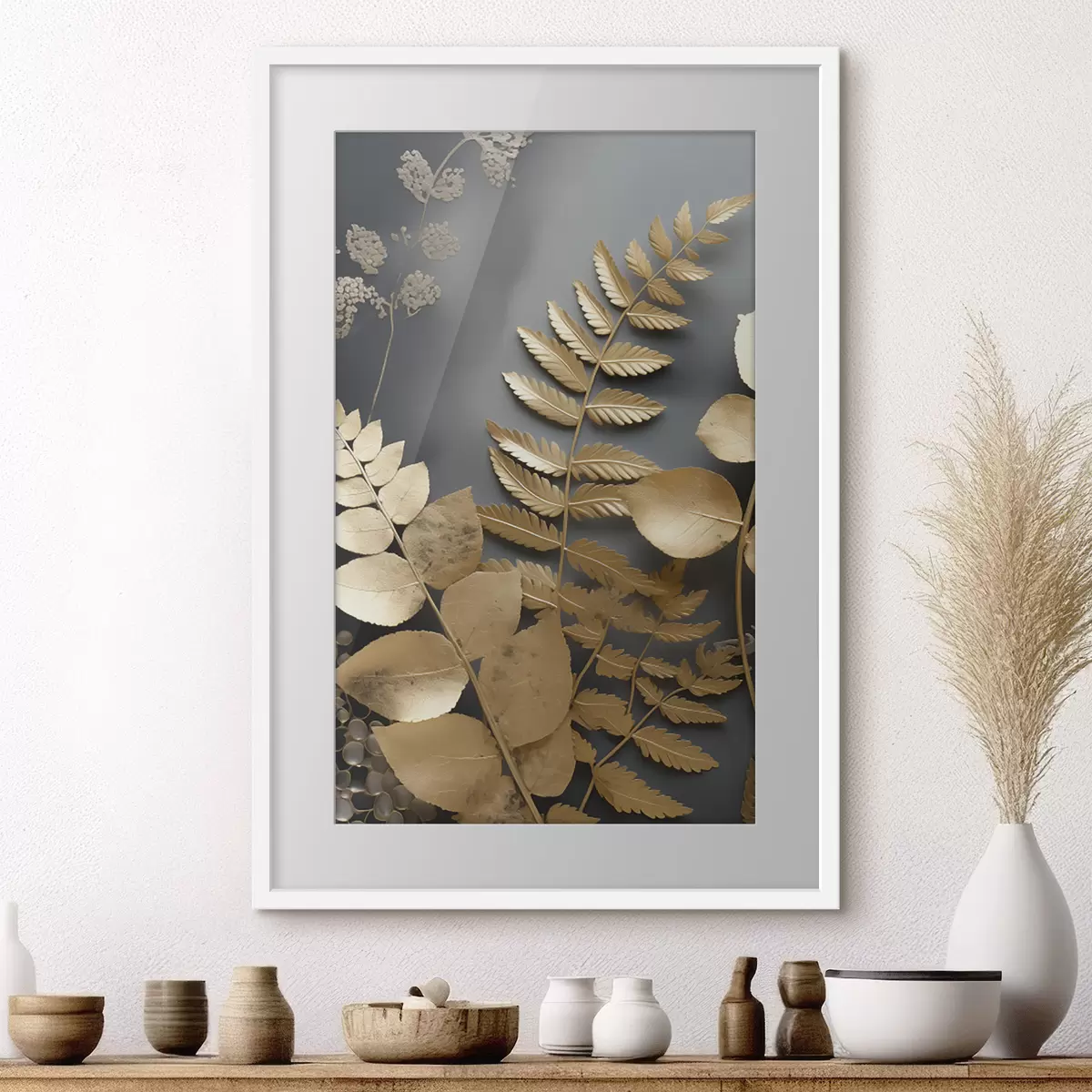 Poster Ramas de eucalipto y hojas tropicales sobre fondo oscuro f45333