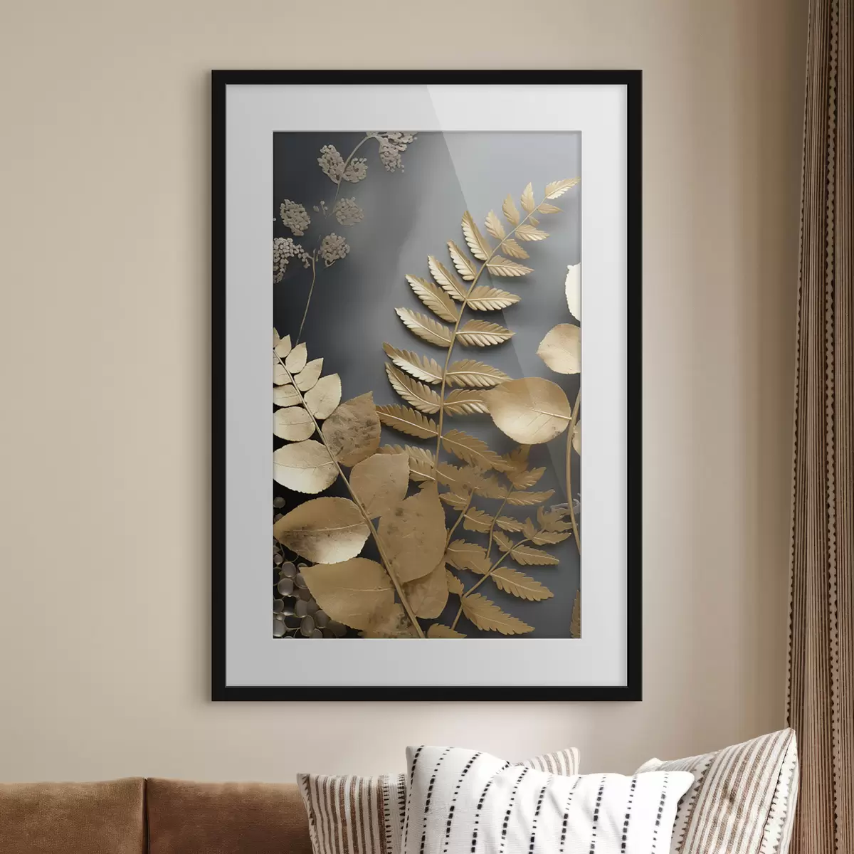 Poster Ramas de eucalipto y hojas tropicales sobre fondo oscuro f45333