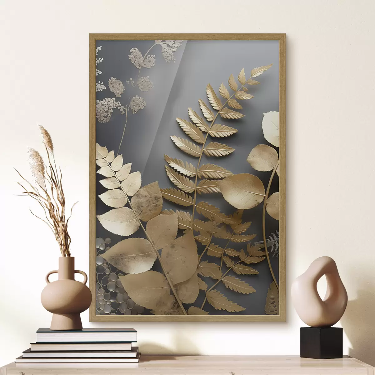 Poster Ramas de eucalipto y hojas tropicales sobre fondo oscuro f45333