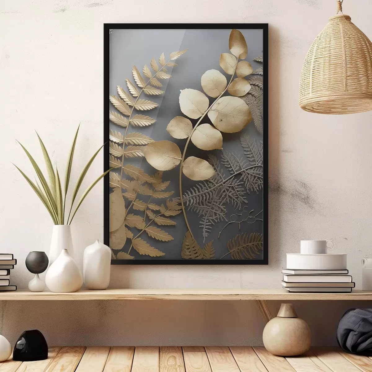 Poster Helechos y ramas de eucalipto sobre fondo oscuro f45334