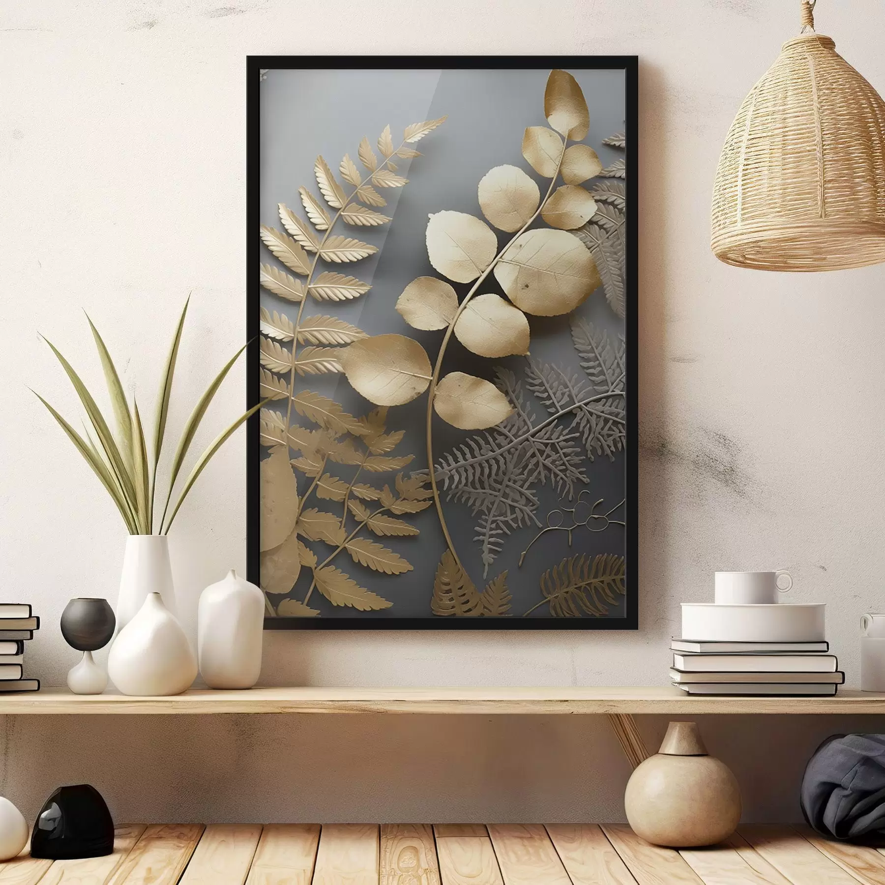 murales de pared Helechos y ramas de eucalipto sobre fondo oscuro f45334