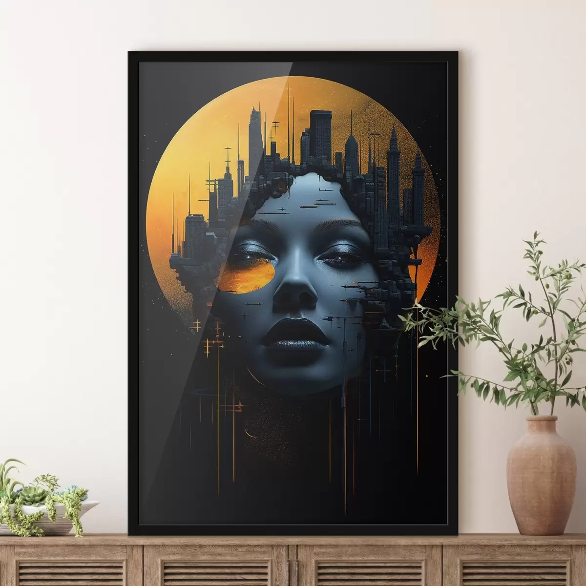 Poster Gente, cara de chica sobre fondo de ciudad, abstracto f45341