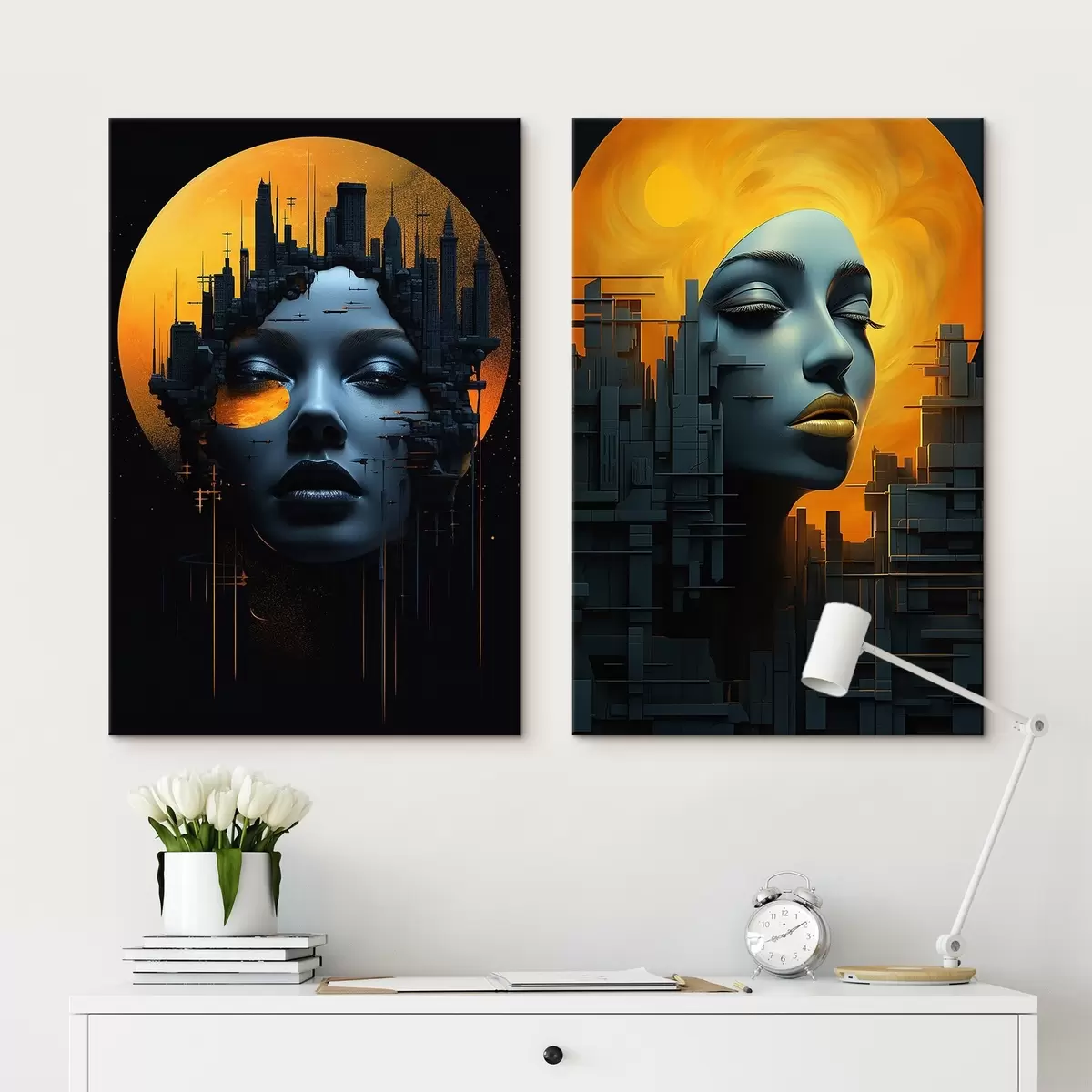 murales de pared Retrato de niña sobre fondo abstracto de ciudad m00618