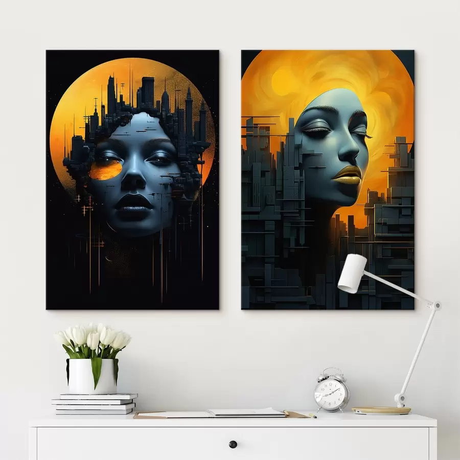 murales de pared Retrato de niña sobre fondo abstracto de ciudad m00618